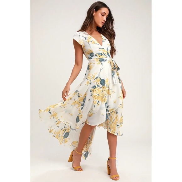 LULUS French Countryside White Yellow Floral Print High-Low Dress Size Large - Picture 1 of 14